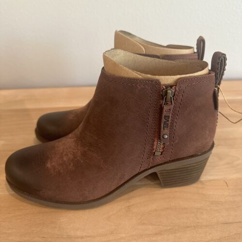 NEW Teva Women's 8 Deep Burgundy Leather Zip Heel Ankle Anaya Bootie Ankle Boots - Picture 3 of 8