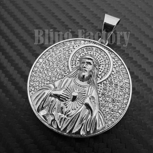 Iced Hip Hop Stainless steel Silver Tone Holy Jesus Medal Fashion Charm Pendant - Picture 3 of 4