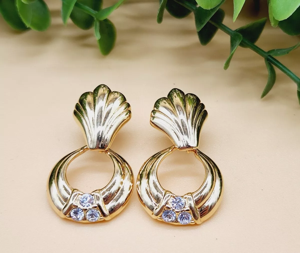 Vintage Nolan Miller pierced earrings Gold rhinestone shell oval