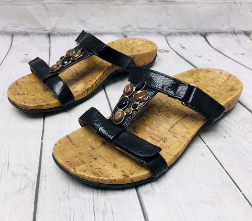 Vionic Damen Sandalen Größe 6 schwarz Schlangenleder Perlen Komfort Slide Flip Flop