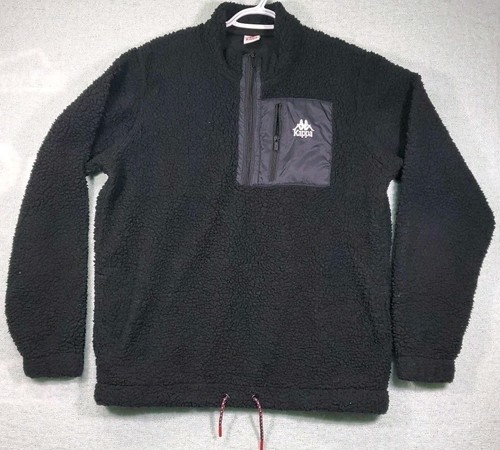 VINTAGE Kappa Pullover Men Large Logo Black Fleece Half Zip L Draw String