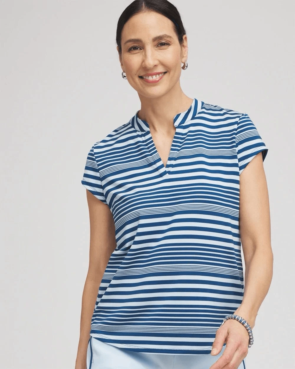Chico’s UPF Striped Top Size 1 (Medium) Navy & Light Blue Short Sleeve