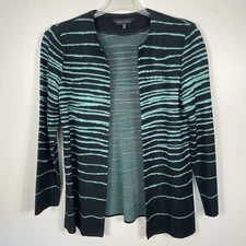 Ming Wang Cardigan Blazer Sz Medium Black Teal Open Front Stretch Office Career