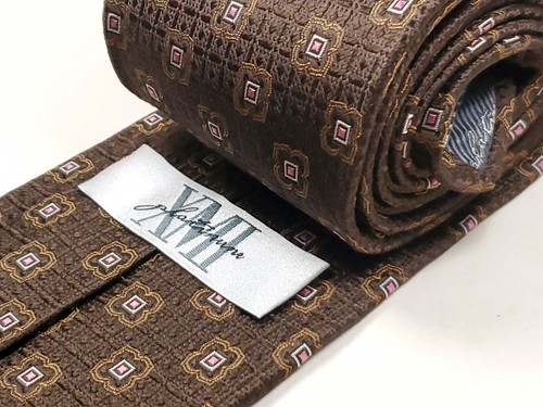 XMI PLATINUM Handmade in USA Silk Tie Brown Pink White Necktie NEW - Picture 3 of 3