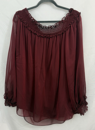 Alex Evenings Burgundy Sheer Layered Off Shoulder Top Blouse Womens Size 2X - Picture 2 of 9