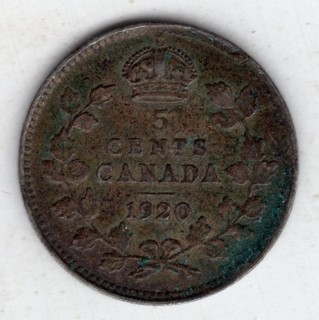 1920 CANADA FIVE 5 CENT GEORGE V SILVER NICKEL COIN