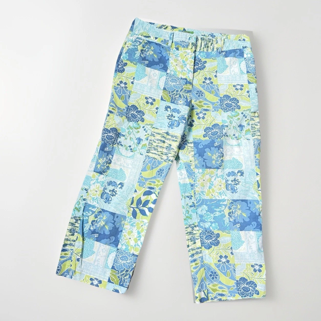 Resort Wear Capri Pants 10 M Blue Tropical Coastal Floral Cropped Womens Beachy