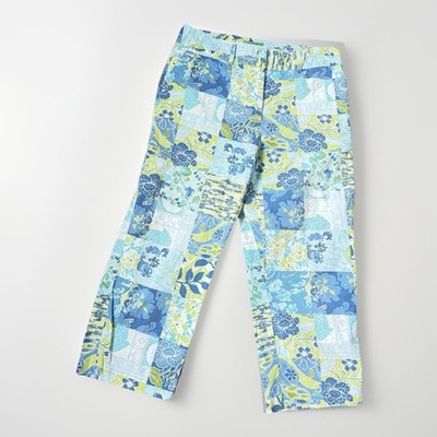 Resort Wear Capri Pants 10 M Blue Tropical Coastal Floral Cropped Womens Beachy
