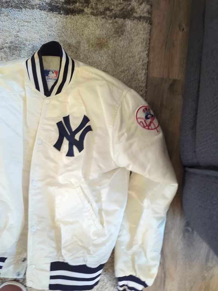 Chaqueta de iniciación rara vintage de satén crema blanca de los New York Yankees XL Foto 2 de 4
