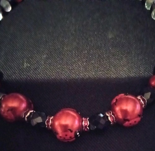 Murano Lady Bug lampworks Red,bk, White, Facet Crystals Necklace set 18" - Picture 2 of 9