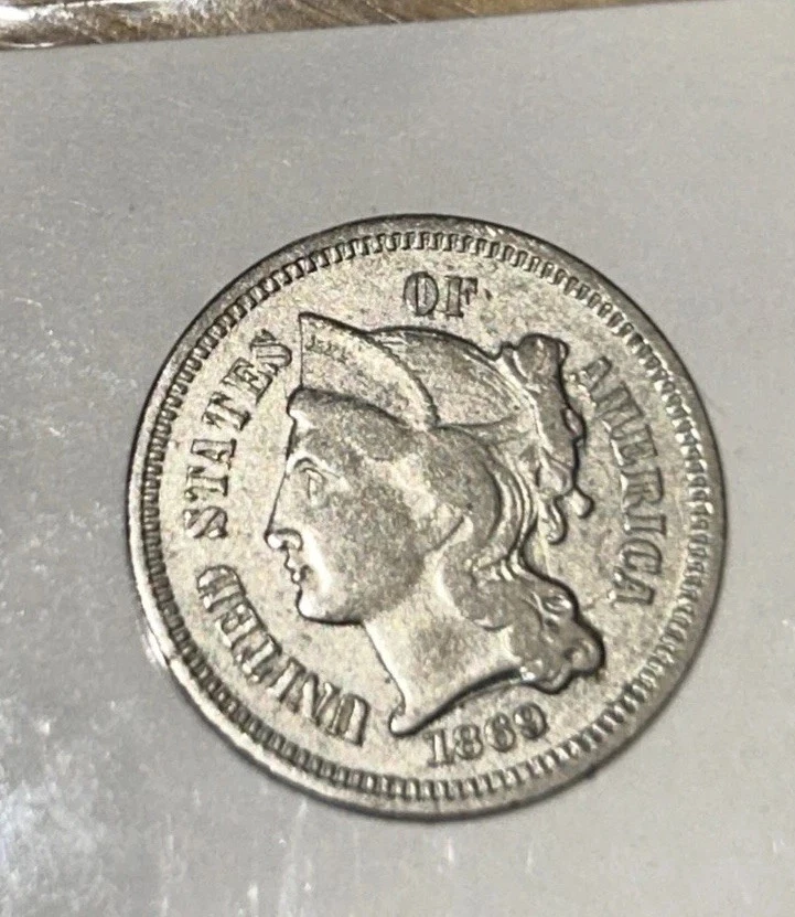 Old ManDuffy’s super three 3some! 3 x 3c nickel xf++/AU 1866 67 & 69 great convo - Image 4 of 4