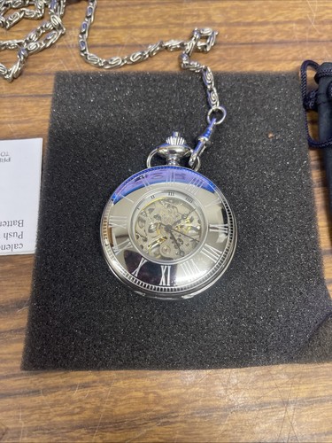 Charles Hubert White Skeleton Dial Pocket Watch Mechanical Wind Silver Tone - Picture 2 of 11