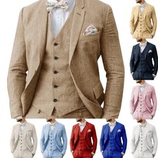 Linen Men Suits Sets 3pcs Slim Fit Single Breasted Groom Notch Lapel Summer Wear