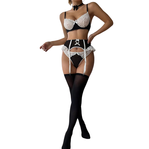 Damen Sexy Dessous Französisches Dienstmädchen Spitze Strumpfgürtel Strümpfe Set mit Halsband - Bild 1 von 20