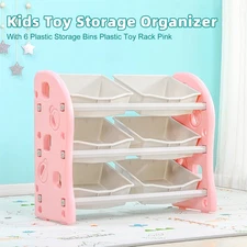 Kids Toy Storage Organizer With 6 Plastic Storage Bins Plastic Toy Rack Pink US