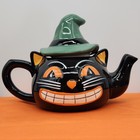 Potter's Studio Halloween Retro Black Cat Teapot w/ Witch Hat Ceramic Decor