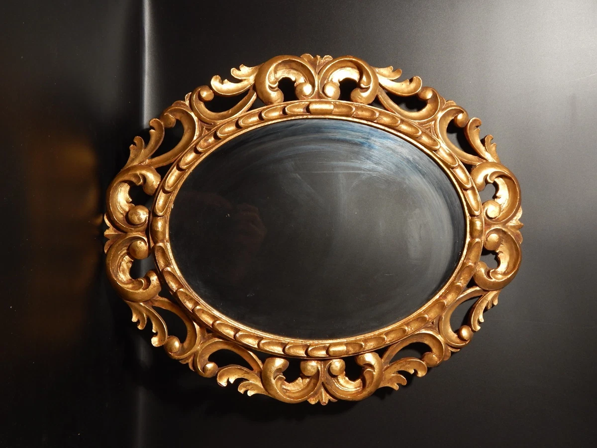 Miroir Ancien Brodé Au Point De Croix - Cadre Doré - Motif Fleurs Et Coccinelle