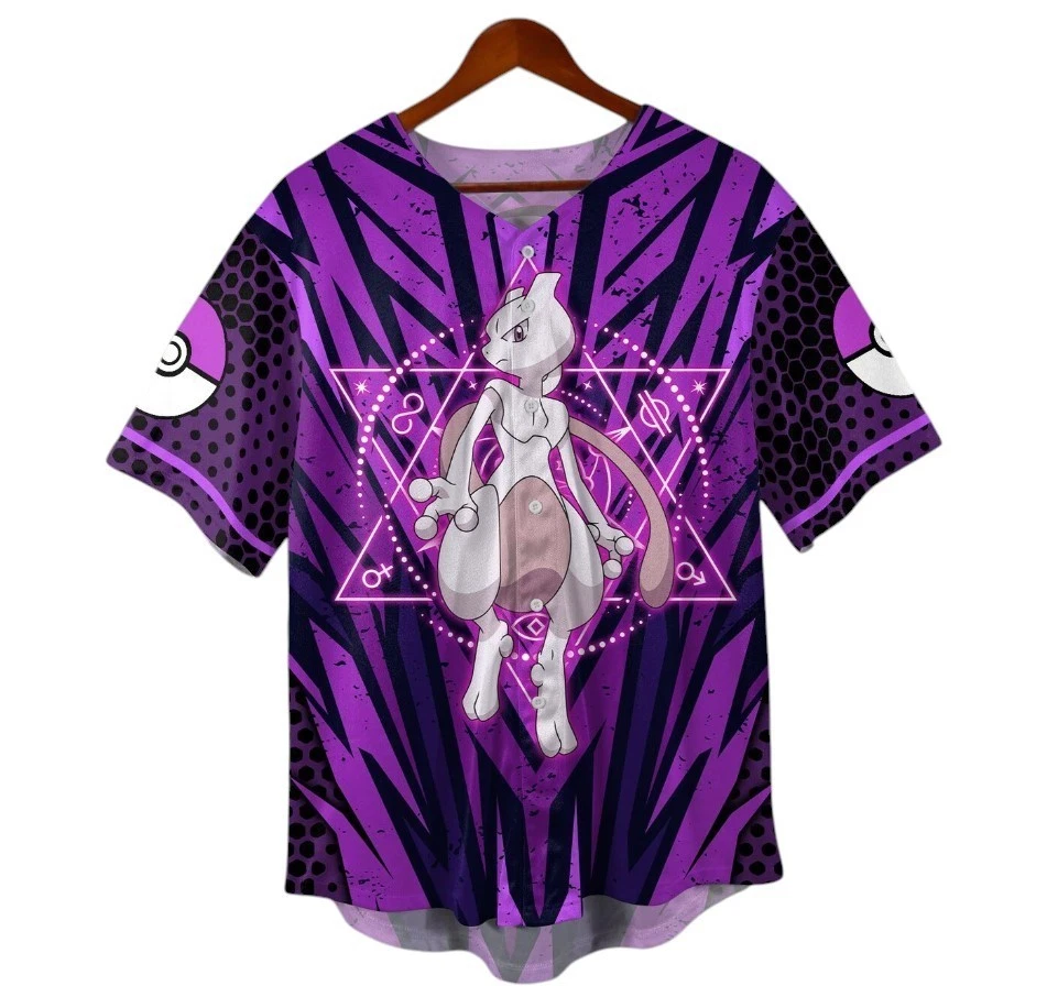 Mewtwo Baseball Jersey, Purple Graphic Button-Up Summer Top