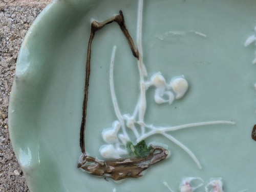 Antique Japanese Seto Celadon Porcelain Dish Crabs Ikebana Flower Basket Signed - Picture 6 of 20