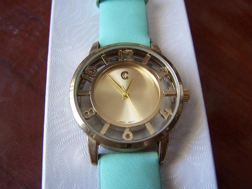 Century Prime Time Ladies see through Watch Gold tone Mint Green Leather Band - Picture 3 of 5