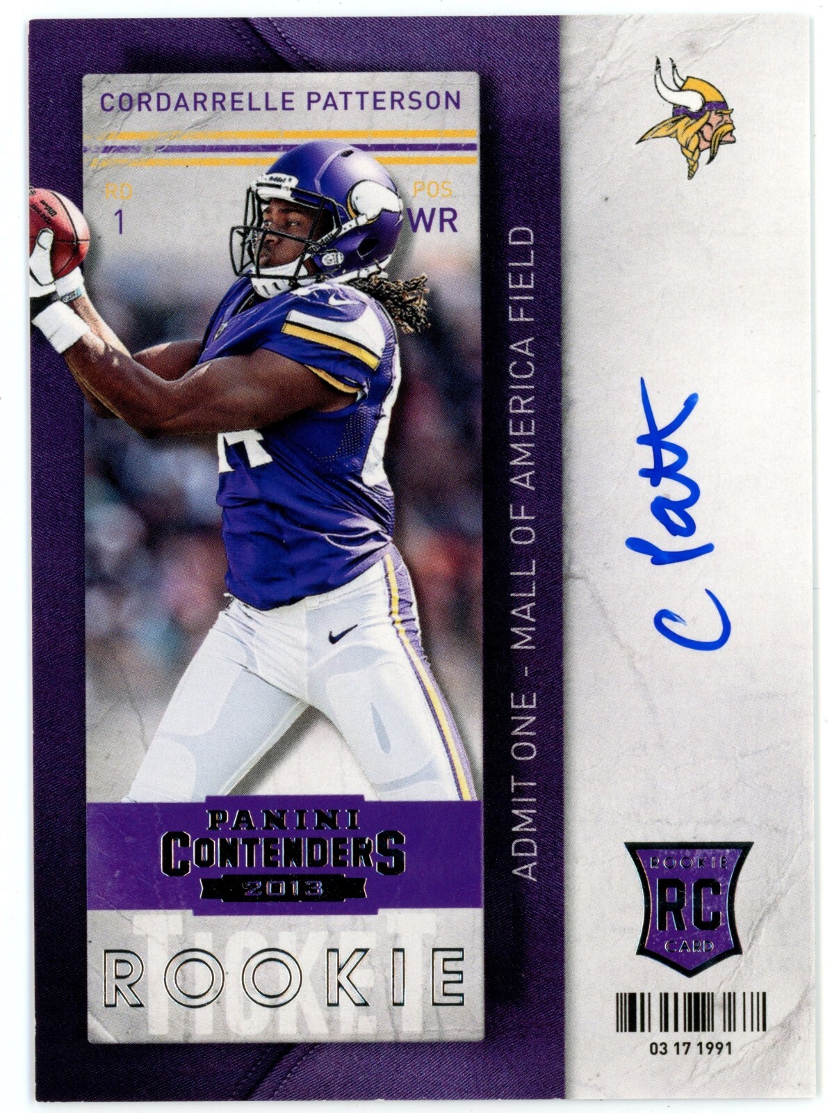 2013 Panini Contenders Rookie Cordarrelle Patterson Auto #204