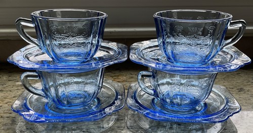 4 VTG Depression Cobalt Blue Tea Cup w/ Saucer Sets Madrid By Indiana Glass - Picture 2 of 4