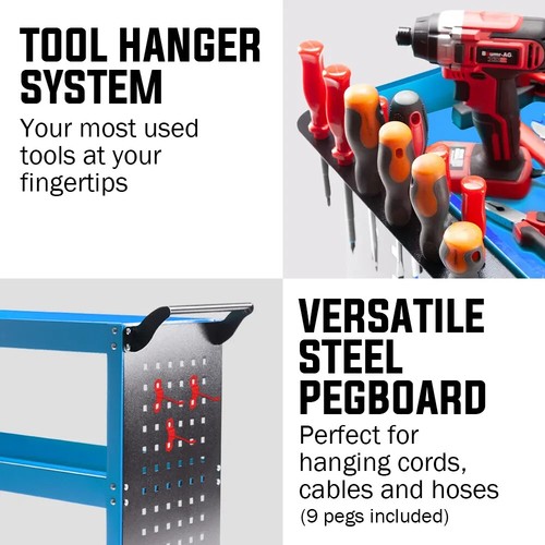 BULLET 3-Tier Steel Tool Trolley Cart, for Workshop, Mechanic, with Pegboard - Picture 7 of 8