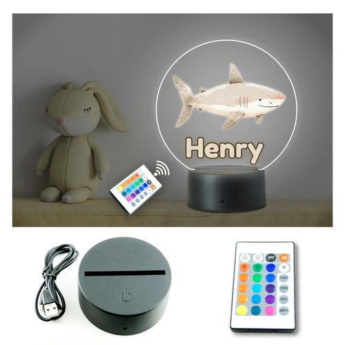 Personalised Kids Animal Name Shark LED Neon Night Light. Nursery Bedroom Remote - Picture 2 of 4