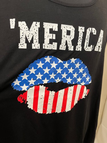 Unisex Black Graphic Red/ White/ Blue " 'MERICA" Lips Graphic Tank Top - Picture 3 of 8