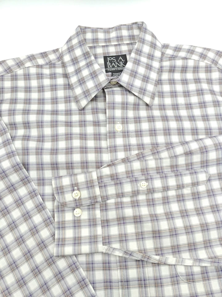 🇺🇲 Camisa de vestir Jos A Bank para hombre M 15,5x34 Travelers ajuste a medida púrpura a cuadros Foto 2 de 4