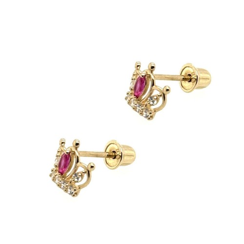 14K Solid Yellow Gold Crown Screw Back CZ Stud Earrings - Picture 3 of 7