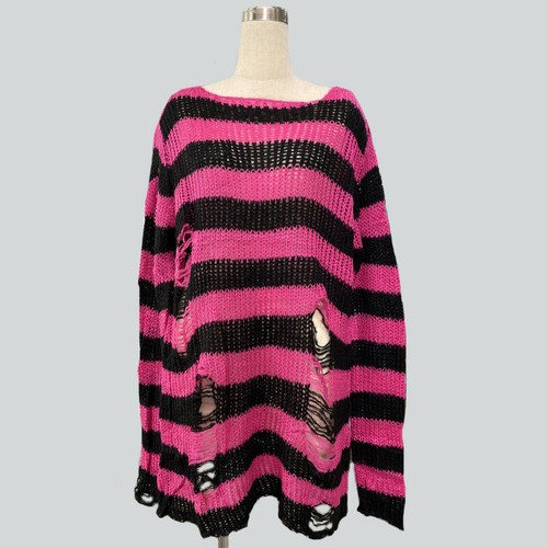 Punk Gothic Pullover Damen gestreift gerissenes Loch übergroßes langes Pullover Top - Bild 19 von 30
