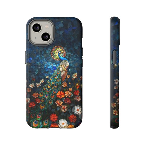 For iPhone, Galaxy, Pixel Phone Case Cover - Blue Stained Glass Peacock Flower - Picture 29 of 242