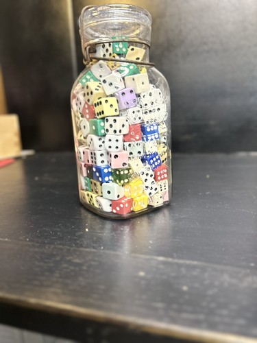 Antique A G Smalley 1896 Embossed Glass Royal Jar Quart Filled W/ Vintage Dice! - Picture 8 of 16