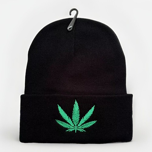 Pot Weed Marihuana schwarz grün Blatt bestickt Beanie Strumpf Watch Cap Mütze