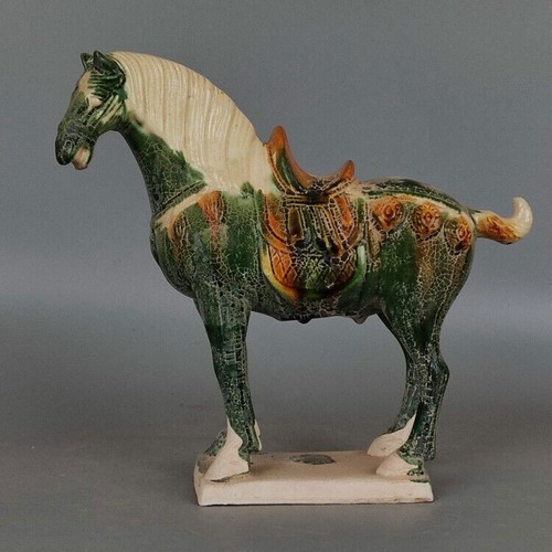 Chinese Tang Tri-Color Glazed Ceramics Green War Horse Porcelain Statue - Picture 1 of 9