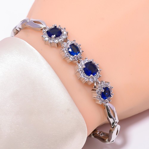Blue Sapphire - Simulated & CZ 925 Sterling Silver Tennis Bracelet 7" B2