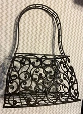 UNIQUE WROUGHT IRON SCROLL DESIGN PURSE WINE CORK HOLDER 16.5"HX 7"WX 11.25”D