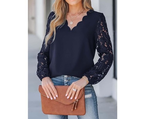 CUPSHE Women Floral Lace Scalloped Top Long Sleeve Shirts V Neck Blouses Size L - Picture 3 of 6