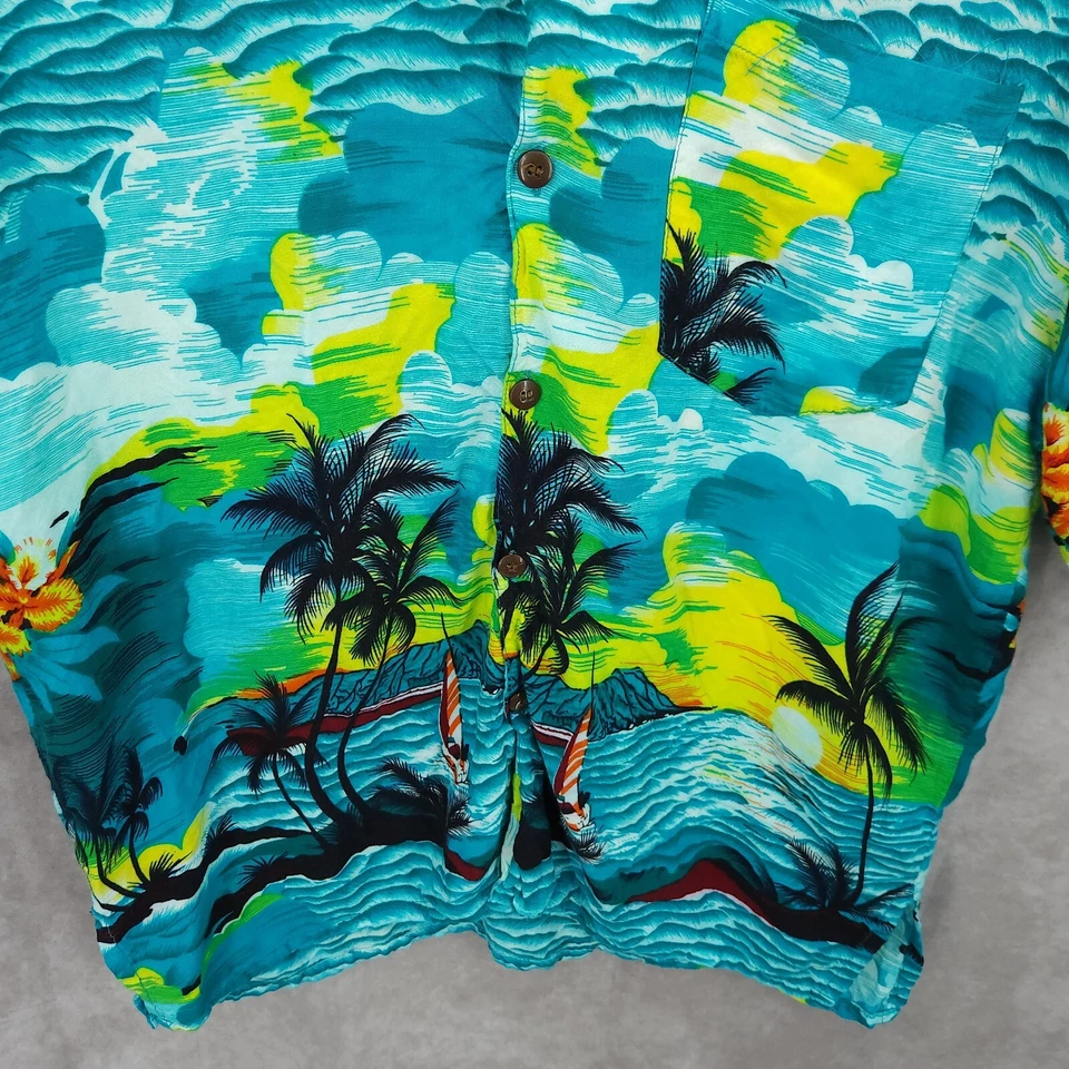 Vtg Jammin Basix Hawaiian Shirt Mens Large Palm Tree Boat Tropical Camp Floral - Image 2 of 4