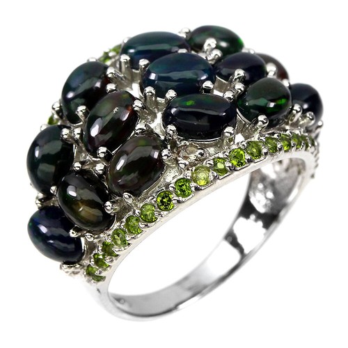 Anello In Argento Sterling 925 Ovale Con Opale Nero E Zaffiro Gioiello 9.5 - Foto 2 di 10