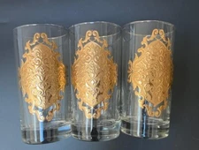 Hollywood Regency Set Of 3 Libby Opera Gold 22K Embossed Tumbler Glasses.