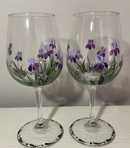 Large Hand Painted Purple Lavender Green Blue Flower Wine Glasses Set Of 2