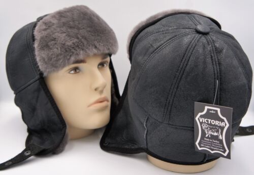 100% Real Sheepskin leather Aviator Trapper Ushanka Hunting Hat S-3X, CHARCOAL - Picture 2 of 10