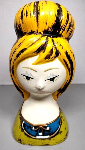 Vintage Paper Mache Girl Lady Bust Head Coin Bank Blonde Beehive Hair Figurine - Picture 3 of 12