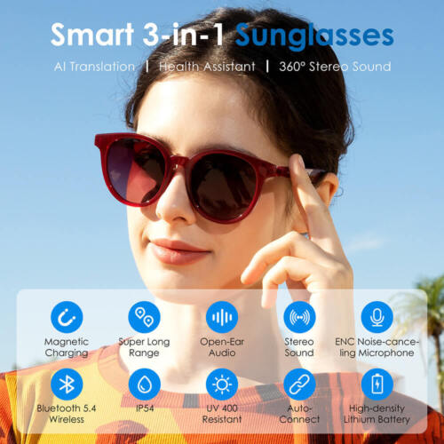 Smart Sunnies Bluetooth Glasses AI Translator Headphone Polarized Sunglasses Red - Picture 3 of 16