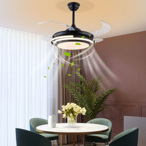 42" Retractable Ceiling Fan Light Black Invisible Timing Ceiling Fan Lamp+Remote - Picture 4 of 24