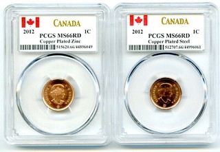2012 CANADA CENT PCGS MS66 RD ZINC & STEEL TWO COIN SET LAST YEAR OF ISSUE WOW!