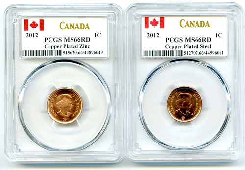 2012 CANADA CENT PCGS MS66 RD ZINC & STEEL TWO COIN SET LAST YEAR OF ISSUE WOW! - Afbeelding 1 van 2