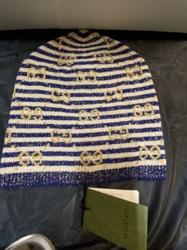 GUCCI Unisex BEANIE MÜTZE GG BLAU/WEISS/GOLD Wolle Strick GG GESTREIFT WEB, M, NEU
